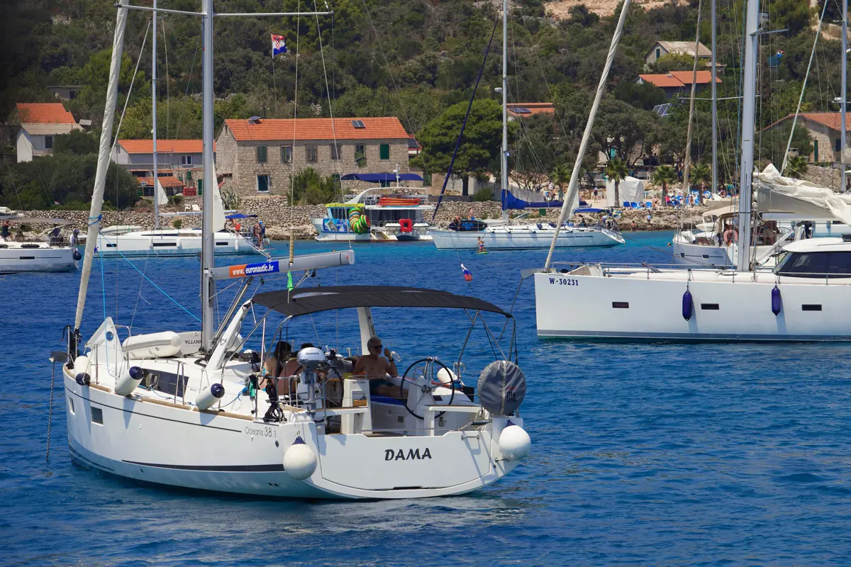 Sailing yachts anchored in a coastal bay in Croatia